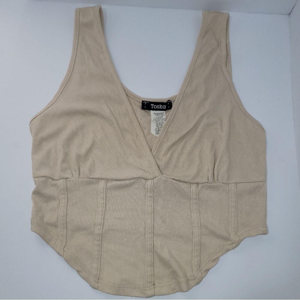 Toska Size Large Beige Ribbed Bodice Crop Tank Top